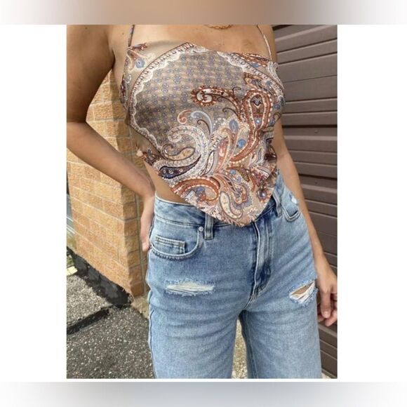 Isalis brown and blue paisley handkerchief halter top size XS - Picture 1 of 6